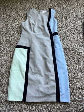 Calvin Klein Colorblock Midi Sheath Dress in Gray, Pale Blue & Mint